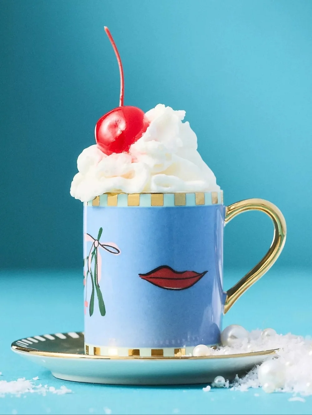 Anthropologie Caroline Stoneware Holiday Espresso Cup & Saucer in Blue, NIB